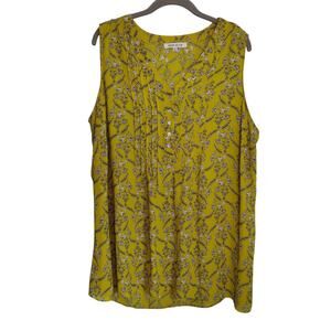 Rose + Olive Women's Plus Sz 1X Mustard Yellow Botanical Print Sleeveless Blouse
